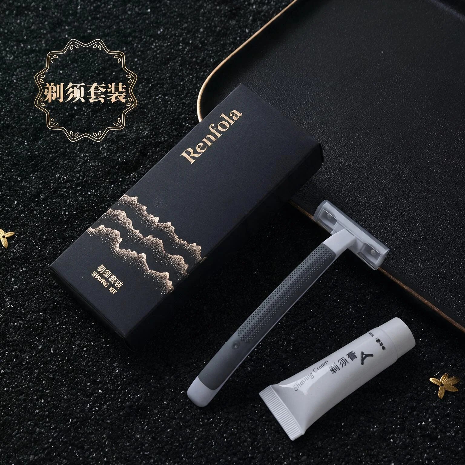 Renfola Onyx Collection Hotel Razor, Three-Blade with Lubricating Strip and 10g Cream