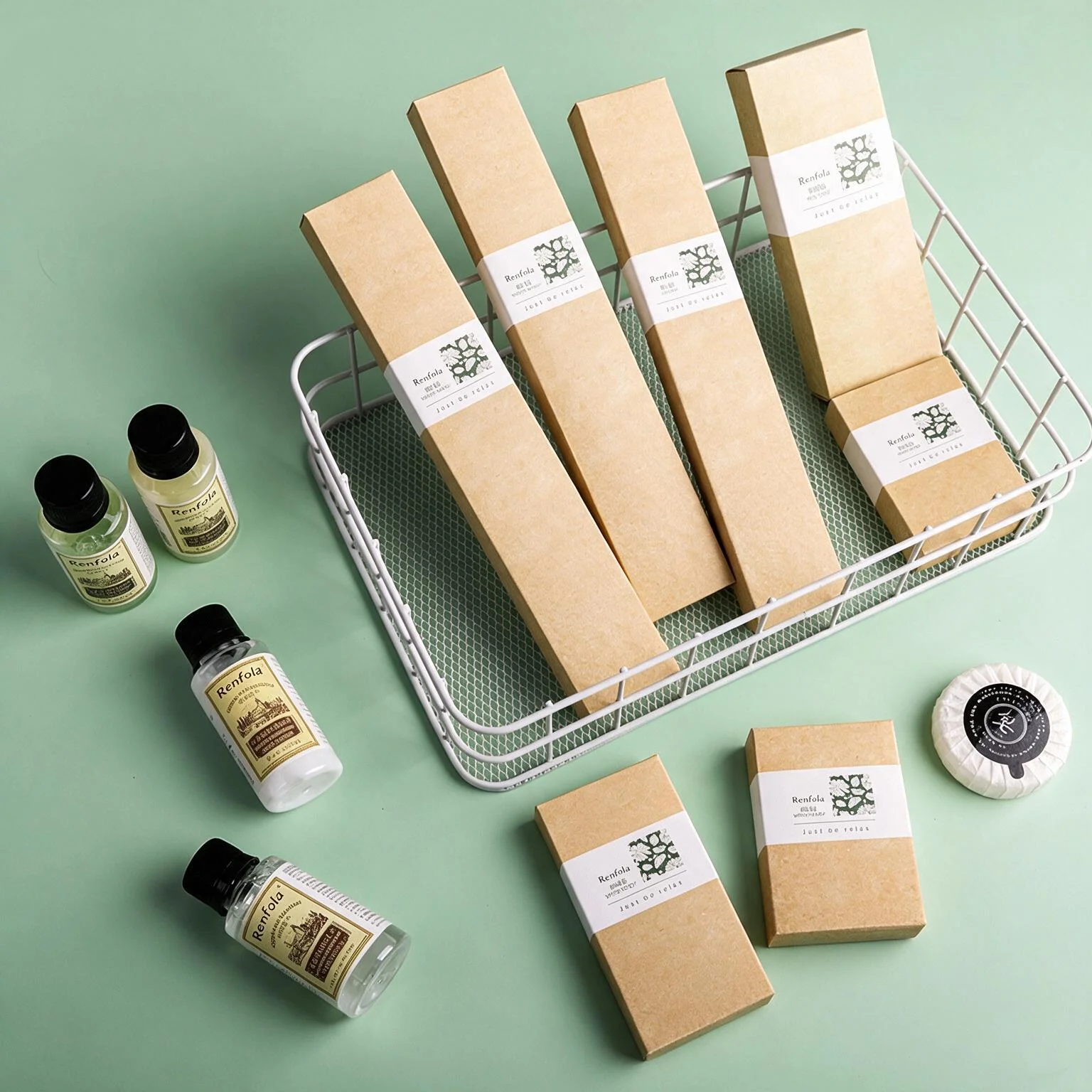Renfola Canopy Collection Complete Hotel Amenity Kit, Kraft Board with Botanical Band