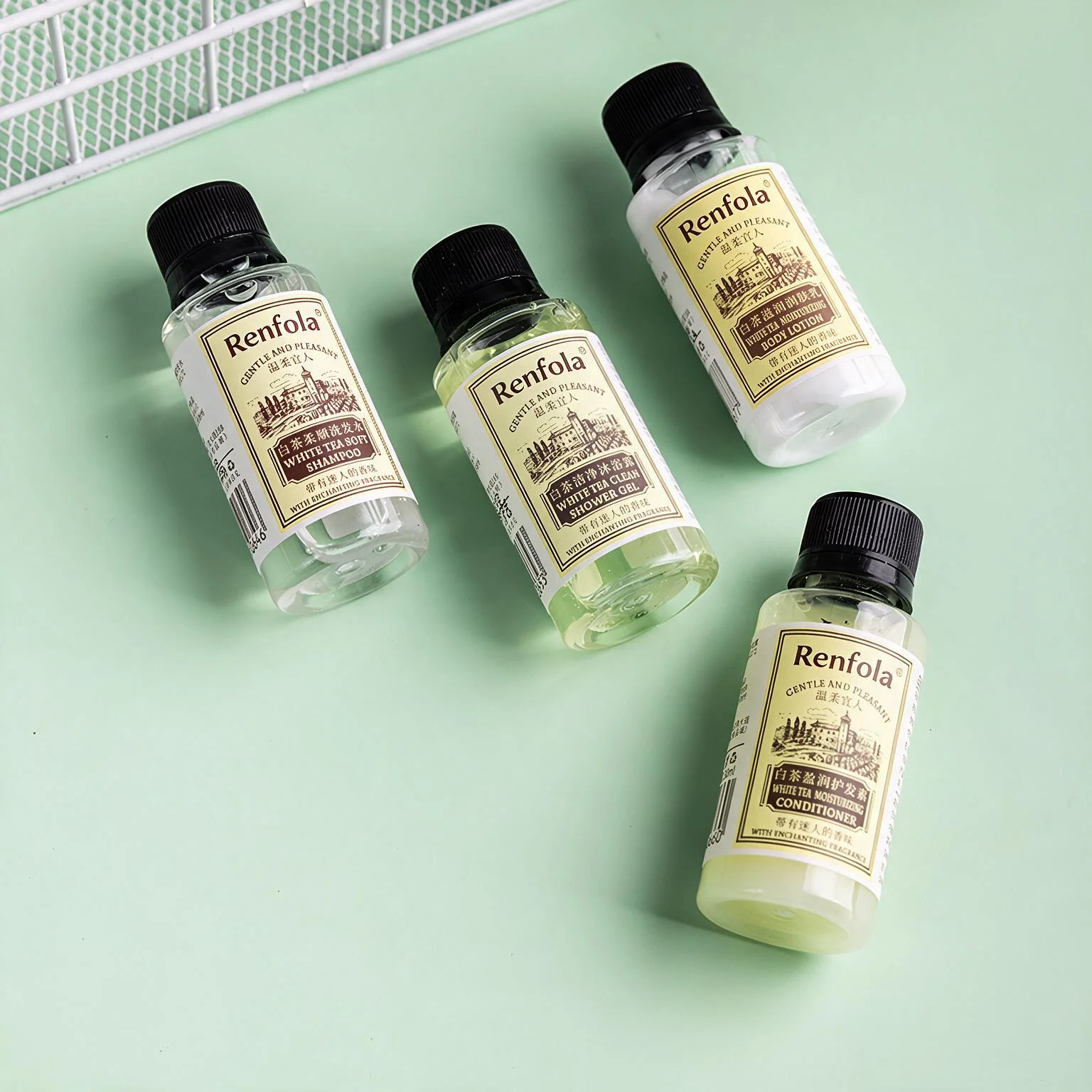 Renfola Canopy Collection Hotel Toiletry Bottles, White Tea 45ml Four-Piece