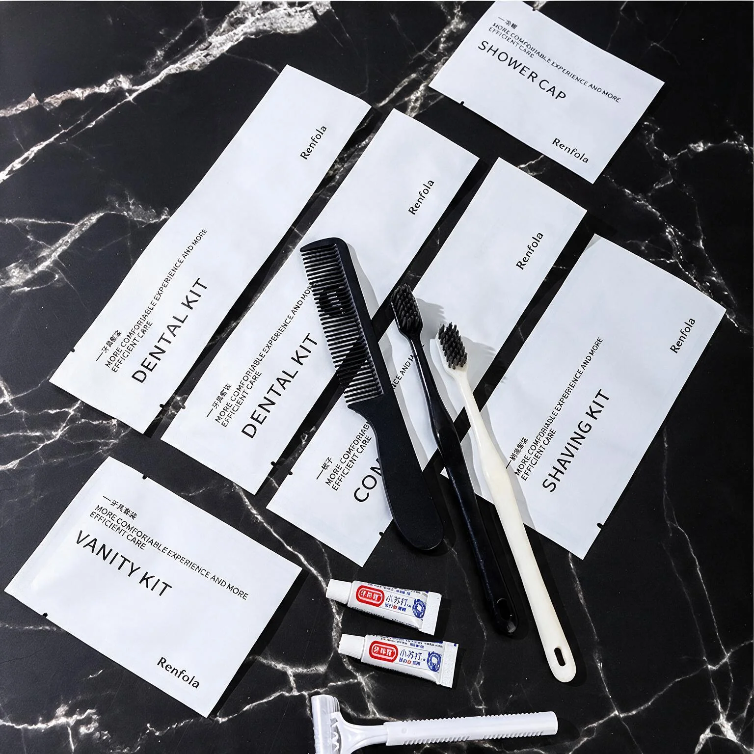 Renfola Mono Collection Complete Hotel Amenity Kit, Matte White Sachets with Black Type