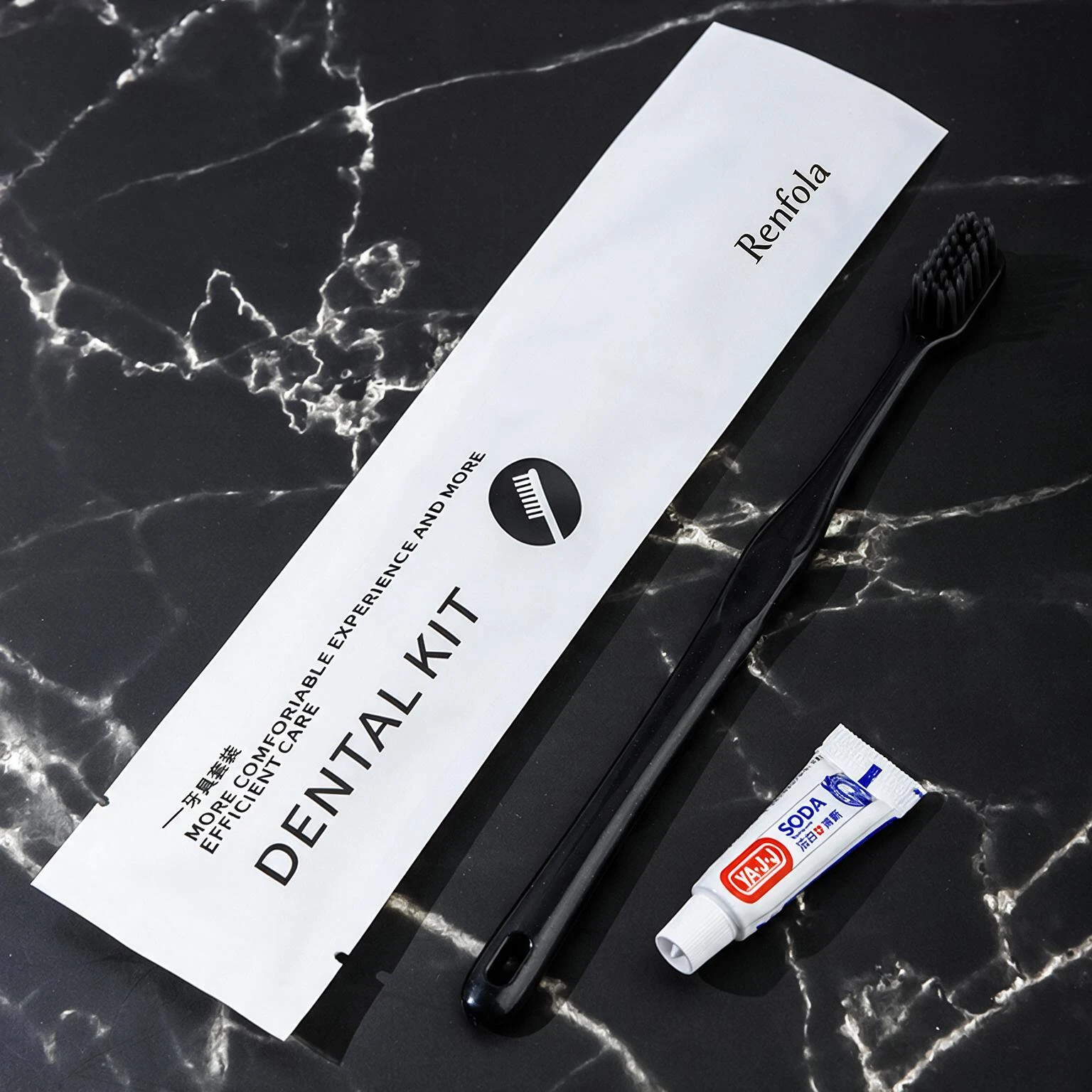 Renfola Mono Collection Hotel Dental Kit, Black Handle with 3g Baking Soda Toothpaste