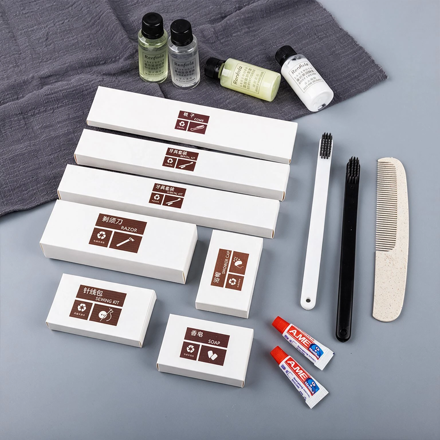 Renfola Alba Collection Complete Hotel Amenity Kit, 12 Pieces in White Card Boxes