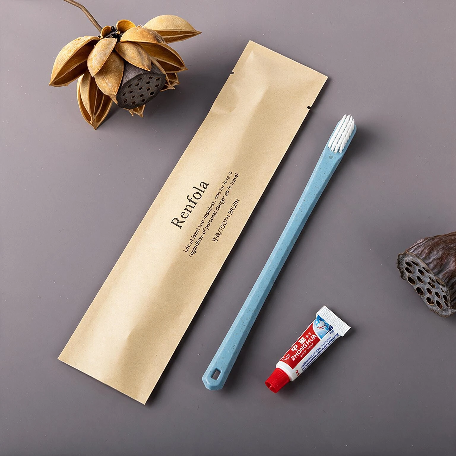 Renfola Atlas Collection Hotel Dental Kit, Blue Straw-Fibre Handle with 3g Toothpaste