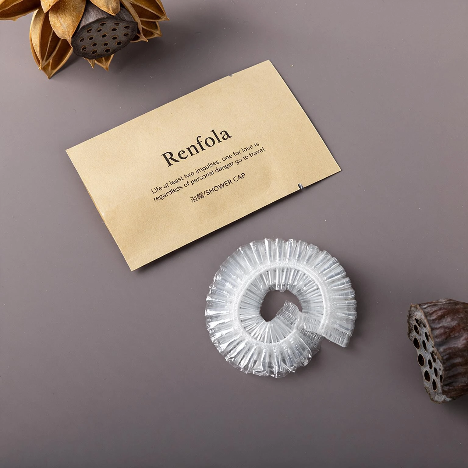 Renfola Atlas Collection Hotel Shower Cap, Clear Pleated in Kraft Sachet