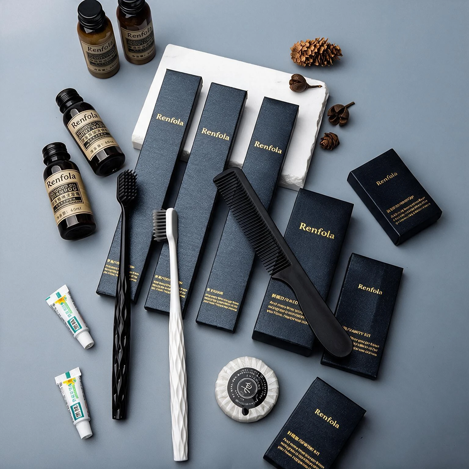 Renfola Marrakesh Collection Complete Hotel Amenity Kit, Gold Foil on Black Specialty Board
