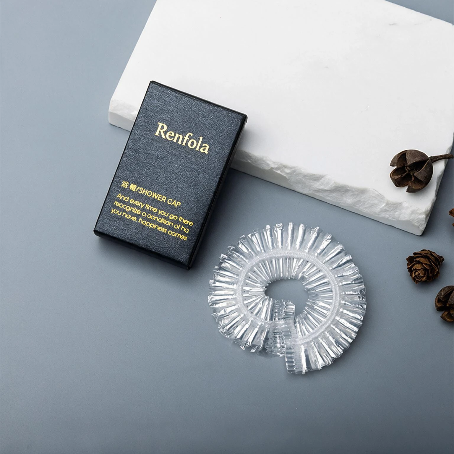 Renfola Marrakesh Collection Hotel Shower Cap, Clear Pleated in Foiled Black Box