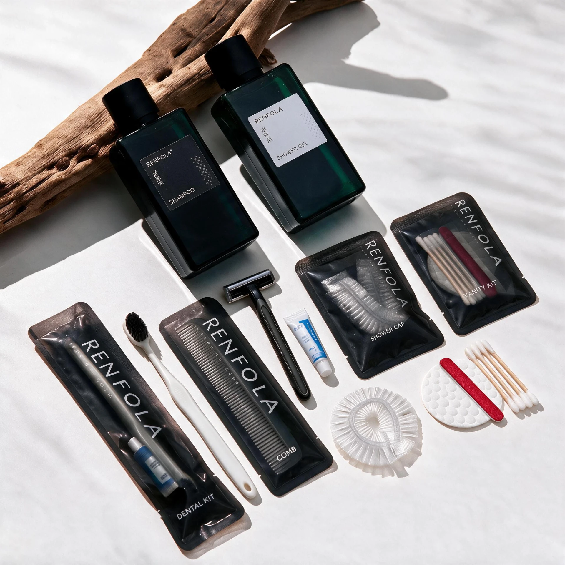 Renfola Juniper Collection Complete Hotel Amenity Kit, Matte Black Sachets with Dark Green Bottles