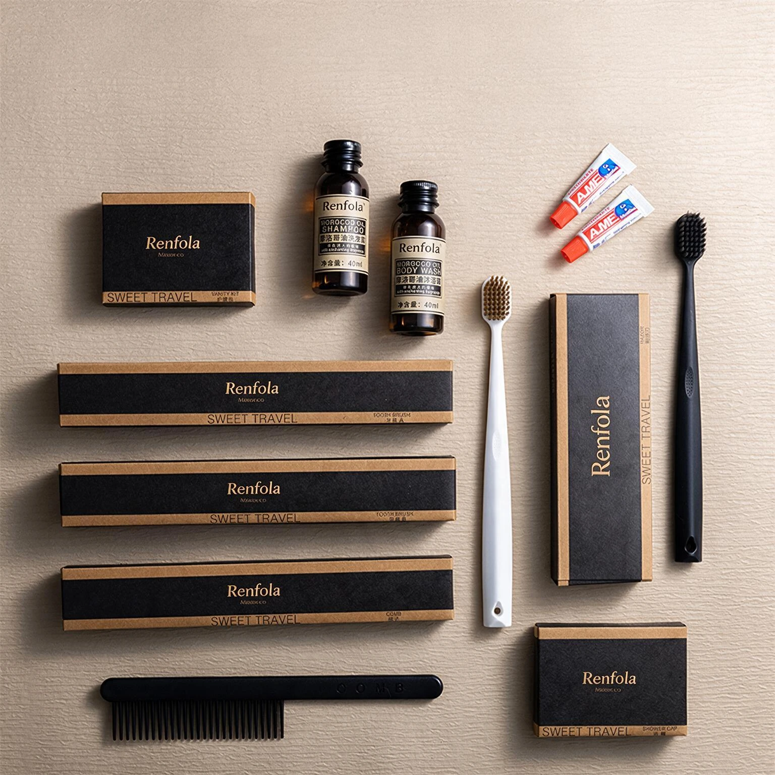 Renfola Ardenne Collection Complete Hotel Amenity Kit, Kraft Boxes with Black Card Bands