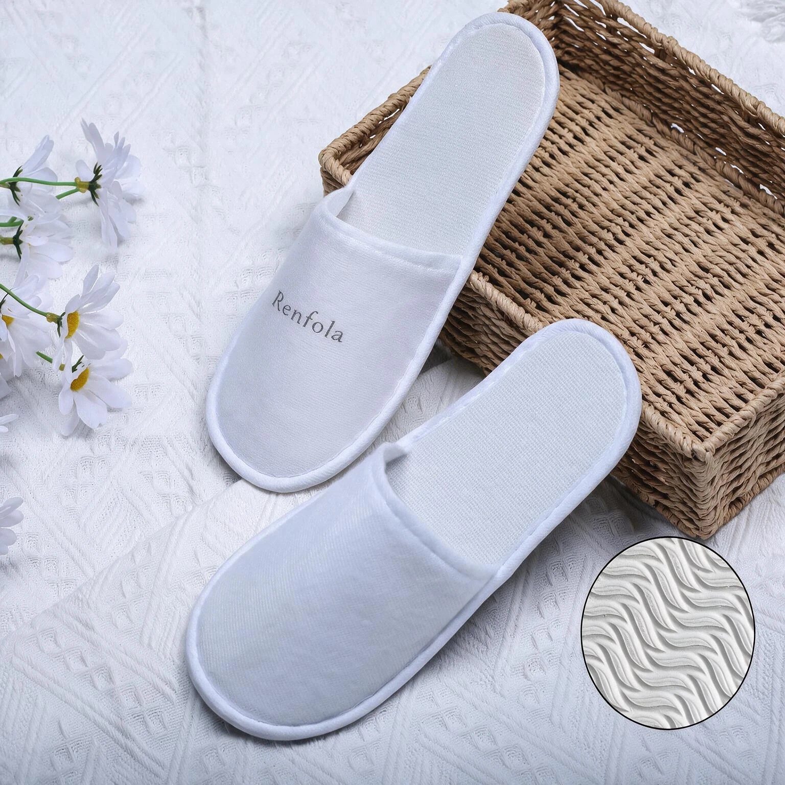 Renfola Hotel Slippers, Economy Line - 0.2 mm Brushed Velour White, 5.5mm Willow-Leaf Sole, 28cm