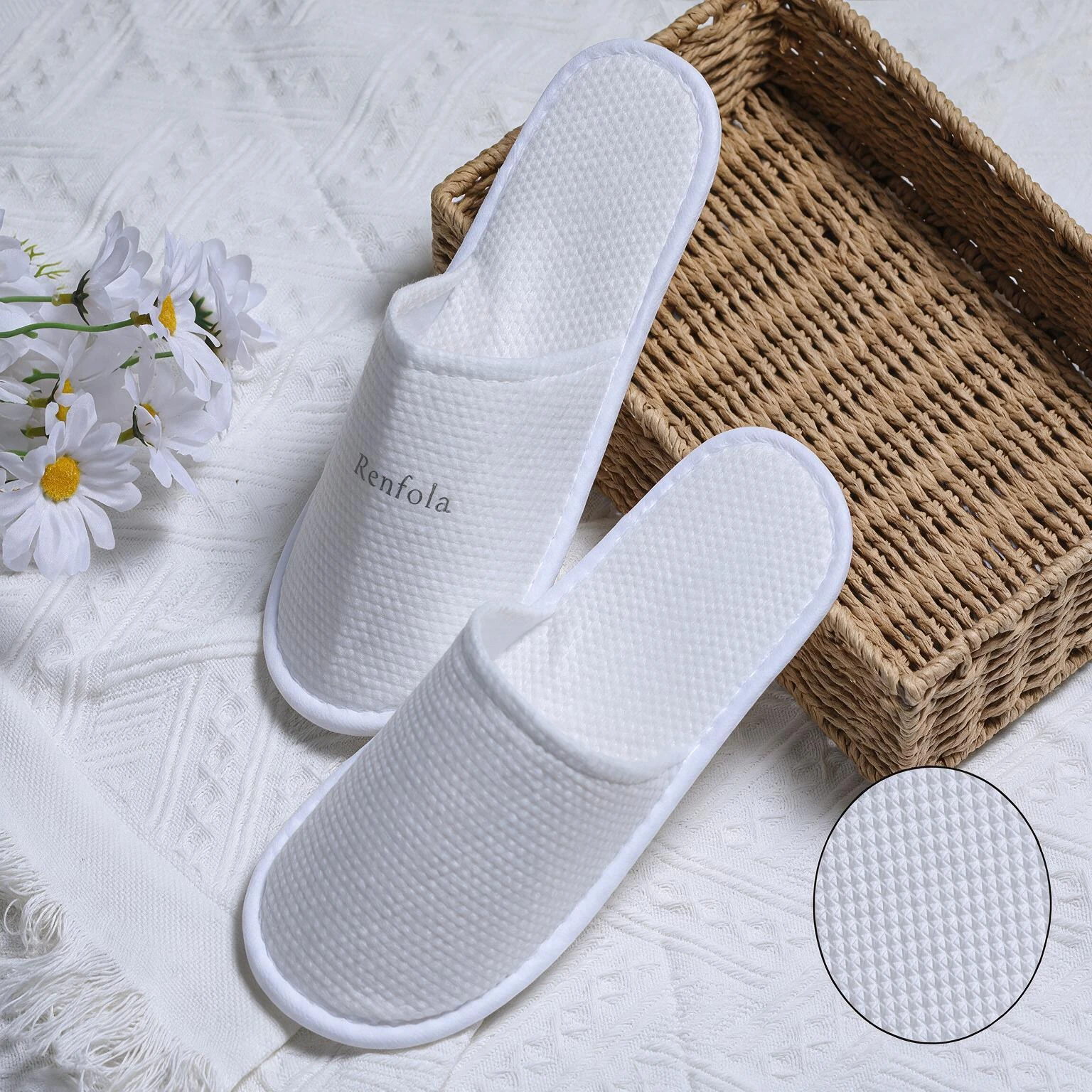Renfola Hotel Slippers, Economy Line - 0.2 mm Soft Cotton-Touch White, 6mm EPE Sole, 28cm