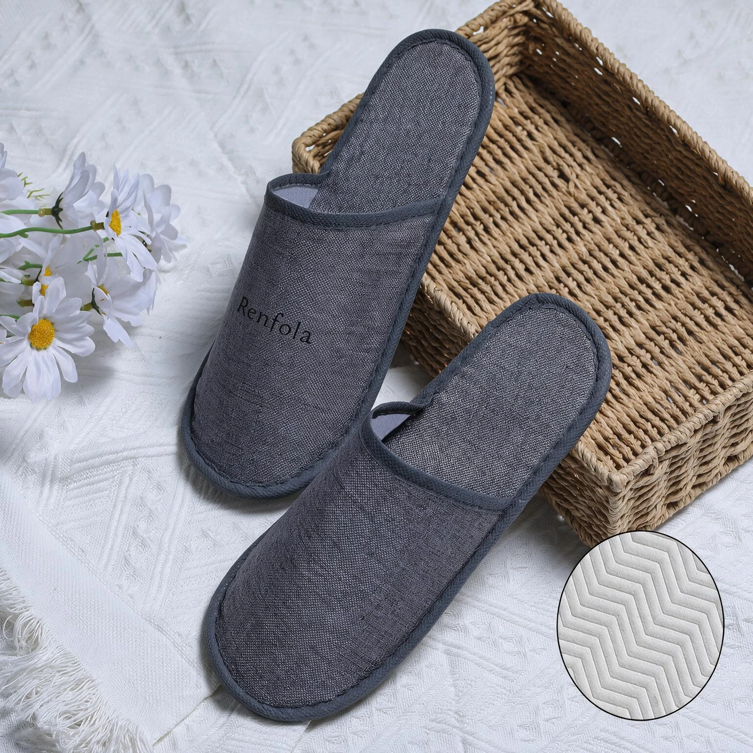 Renfola Hotel Slippers, Economy Line - 0.2mm Fine Linen-Look Grey with Threaded Trim, 5mm Sole, 28cm