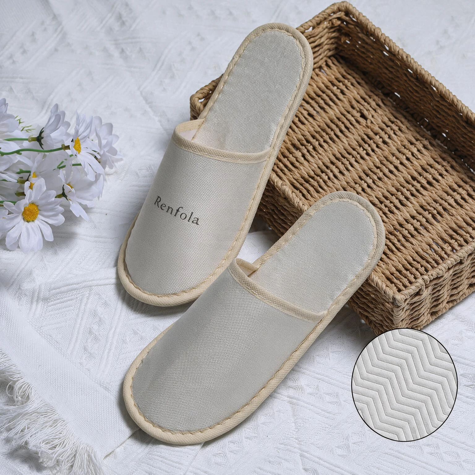 Renfola Hotel Slippers, Economy Line - 0.2mm Fine Linen-Look Beige with Threaded Trim, 5mm Sole, 28cm