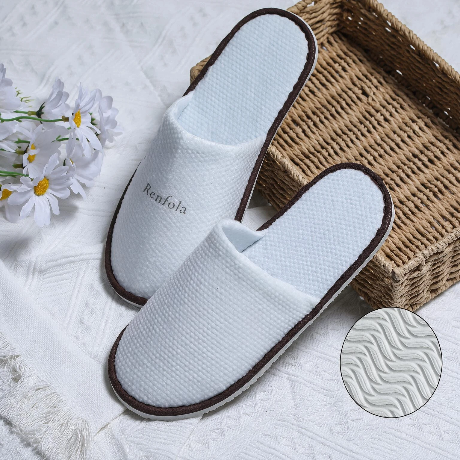 Renfola Hotel Slippers, Economy Line - 0.2mm Pearl-Grain White with Heel Pad, 6mm EPE Sole, 28.5cm