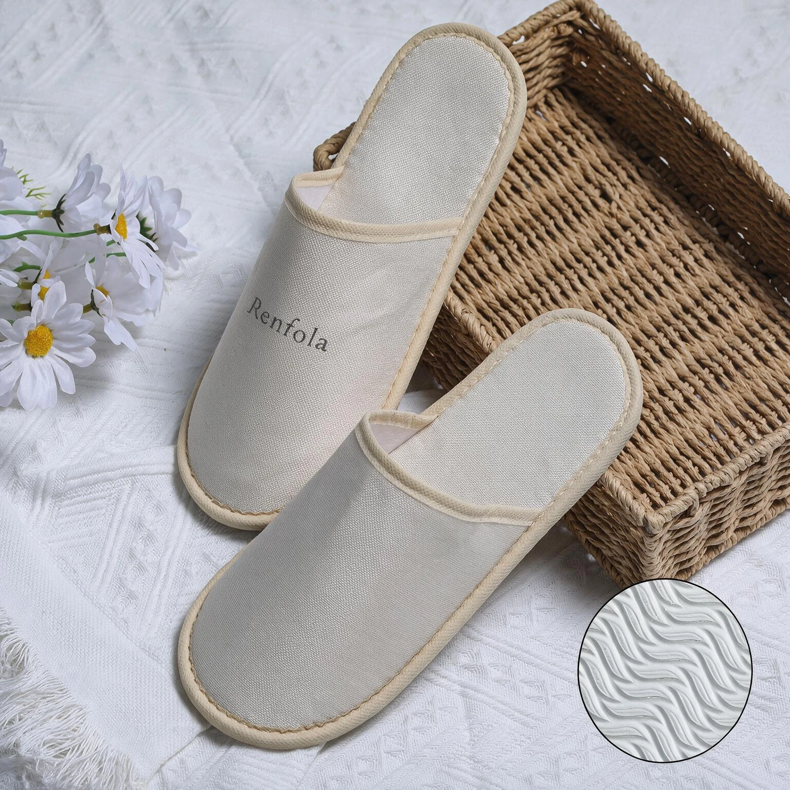 Renfola Hotel Slippers, Economy Line - 0.2mm Fine Linen-Look Beige, Full-Wrap, 6mm Sole, 28.5cm