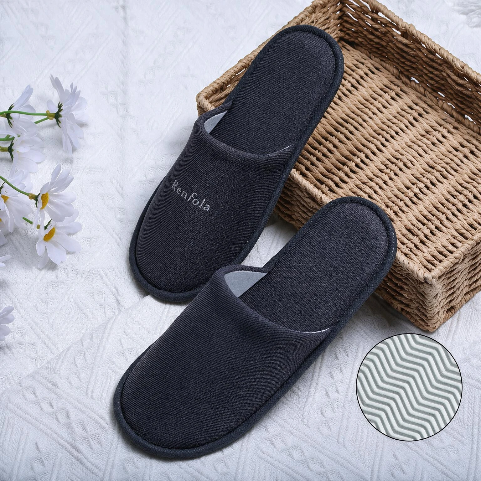 Renfola Hotel Slippers, Economy Line - 0.2mm Brushed Fabric Grey with Heel Pad, 6mm Sole, 29cm