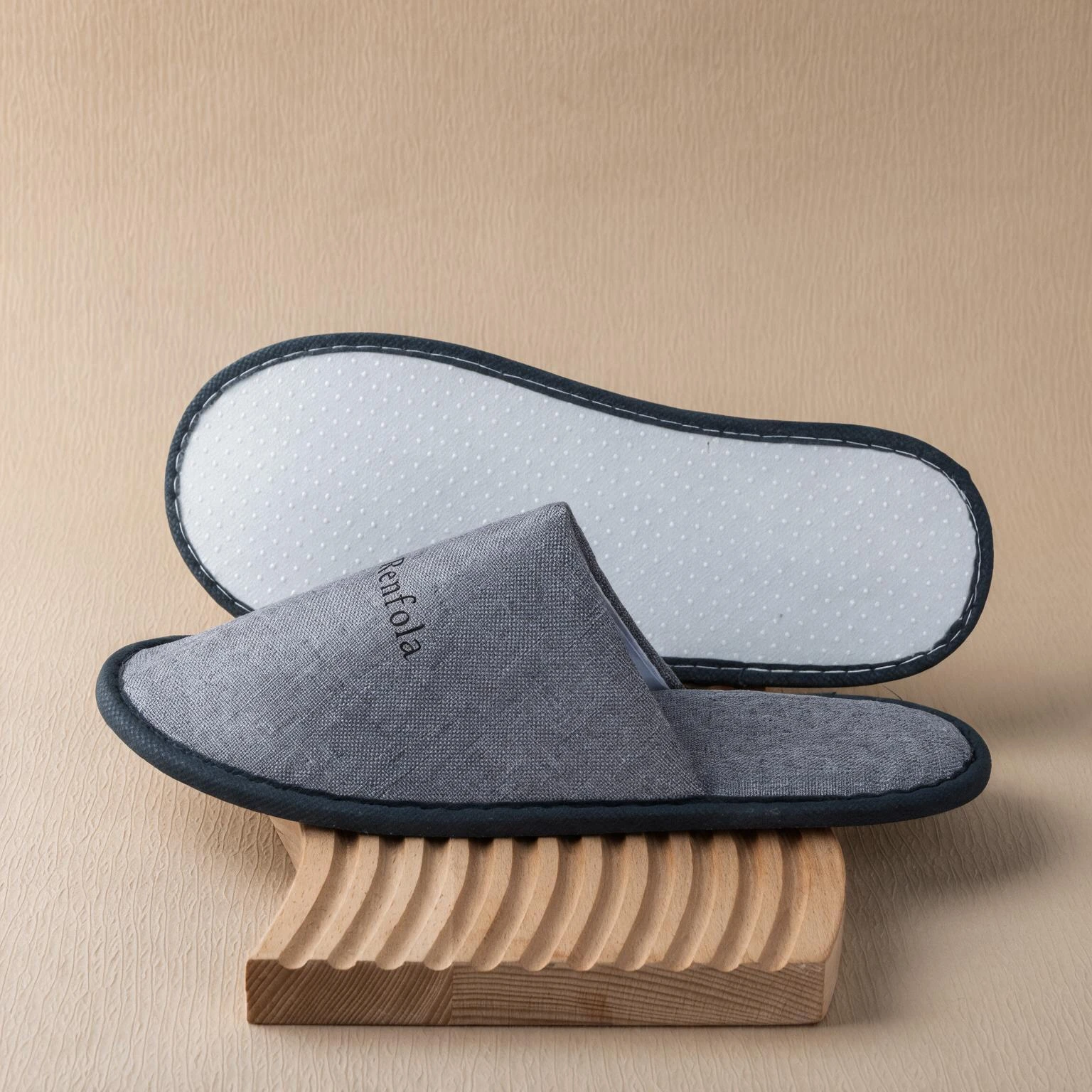 Renfola Hotel Slippers, Economy Line - 0.2mm Fine Linen-Look Grey, Full-Wrap, 6mm Dot Sole, 29cm