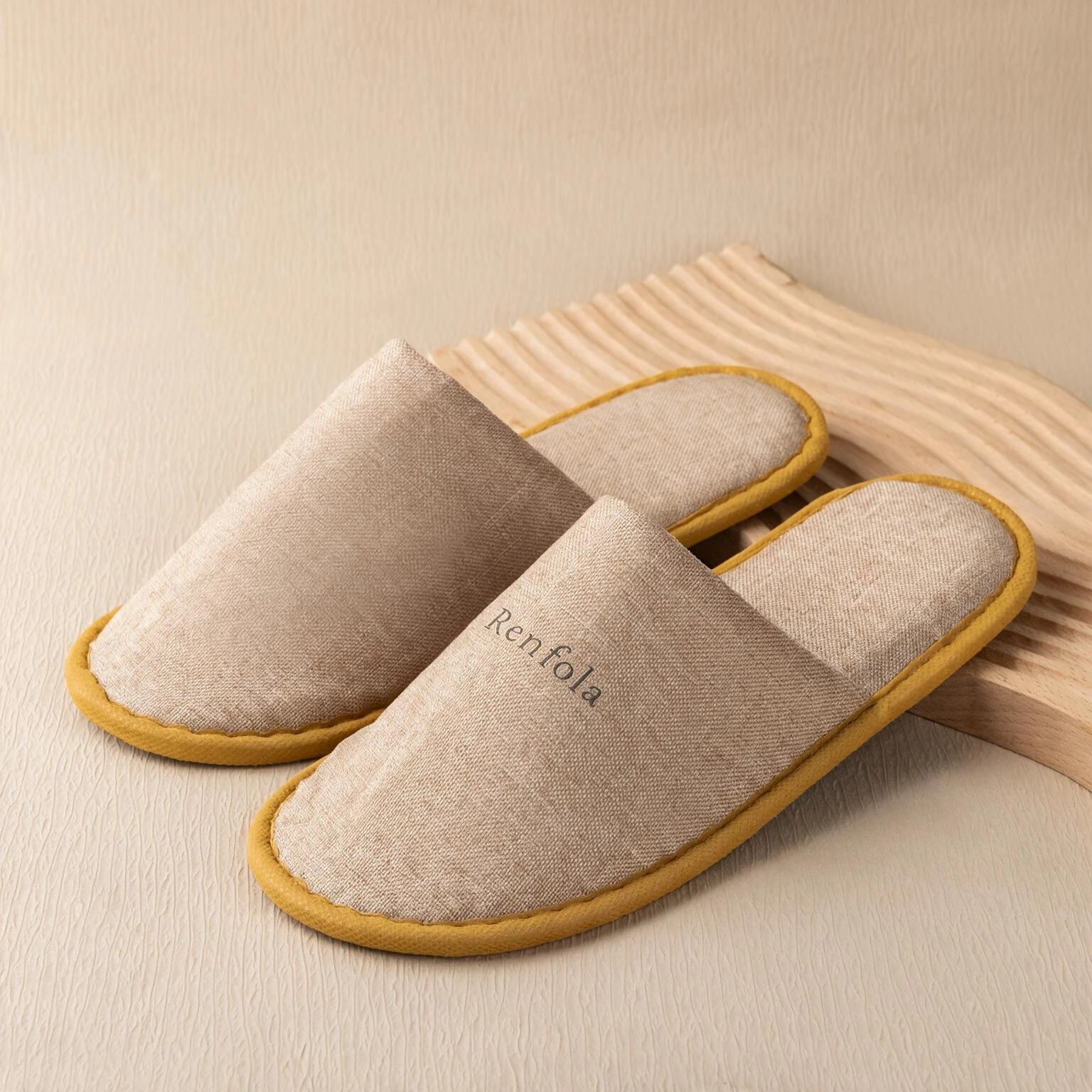 Renfola Hotel Slippers, Economy Line - 0.2mm Fine Linen-Look Beige, Full-Wrap, 6mm Dot Sole, 29cm