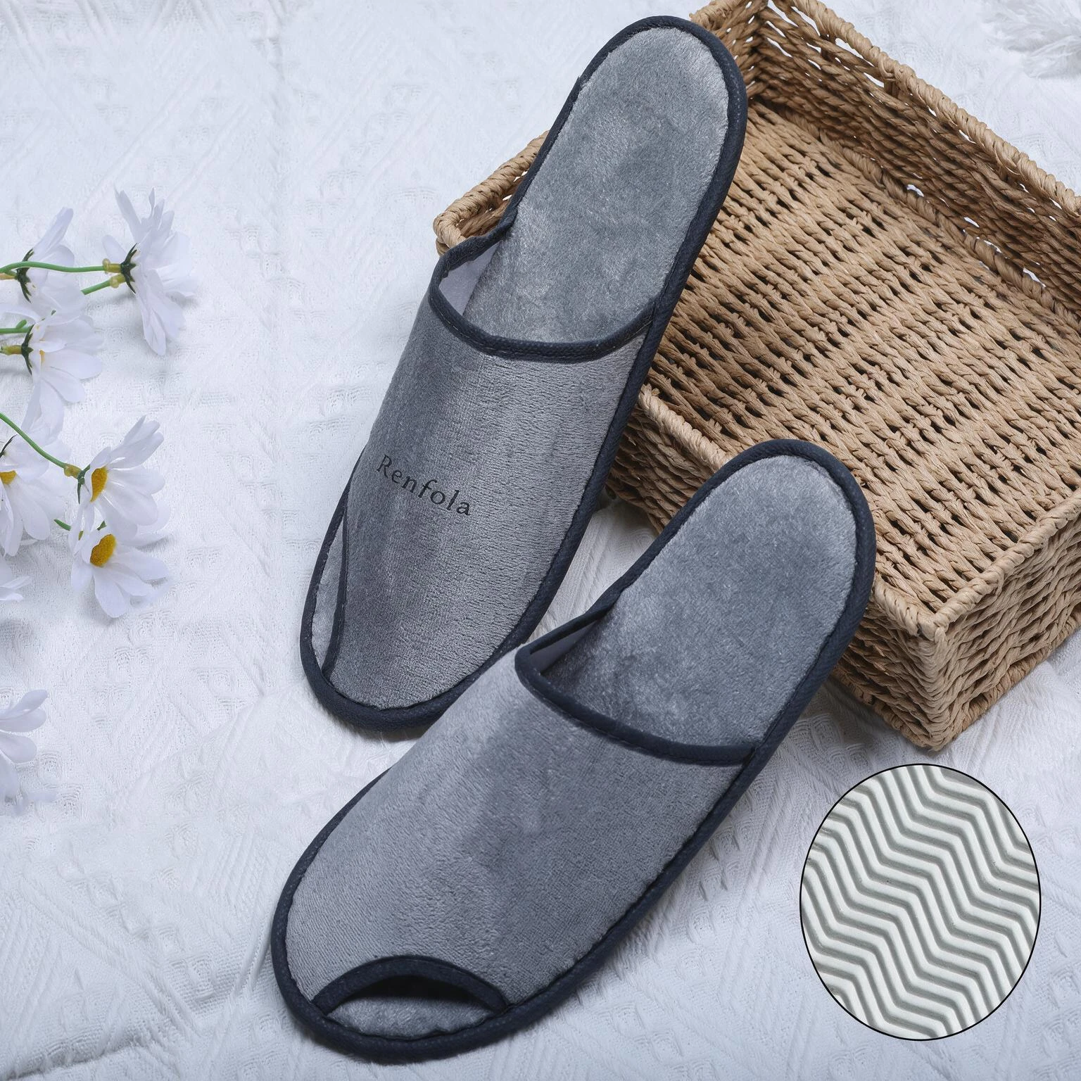 Renfola Hotel Slippers, Economy Line - 0.3mm Cotton-Look Grey, Full-Wrap, 6mm Sole, 29cm
