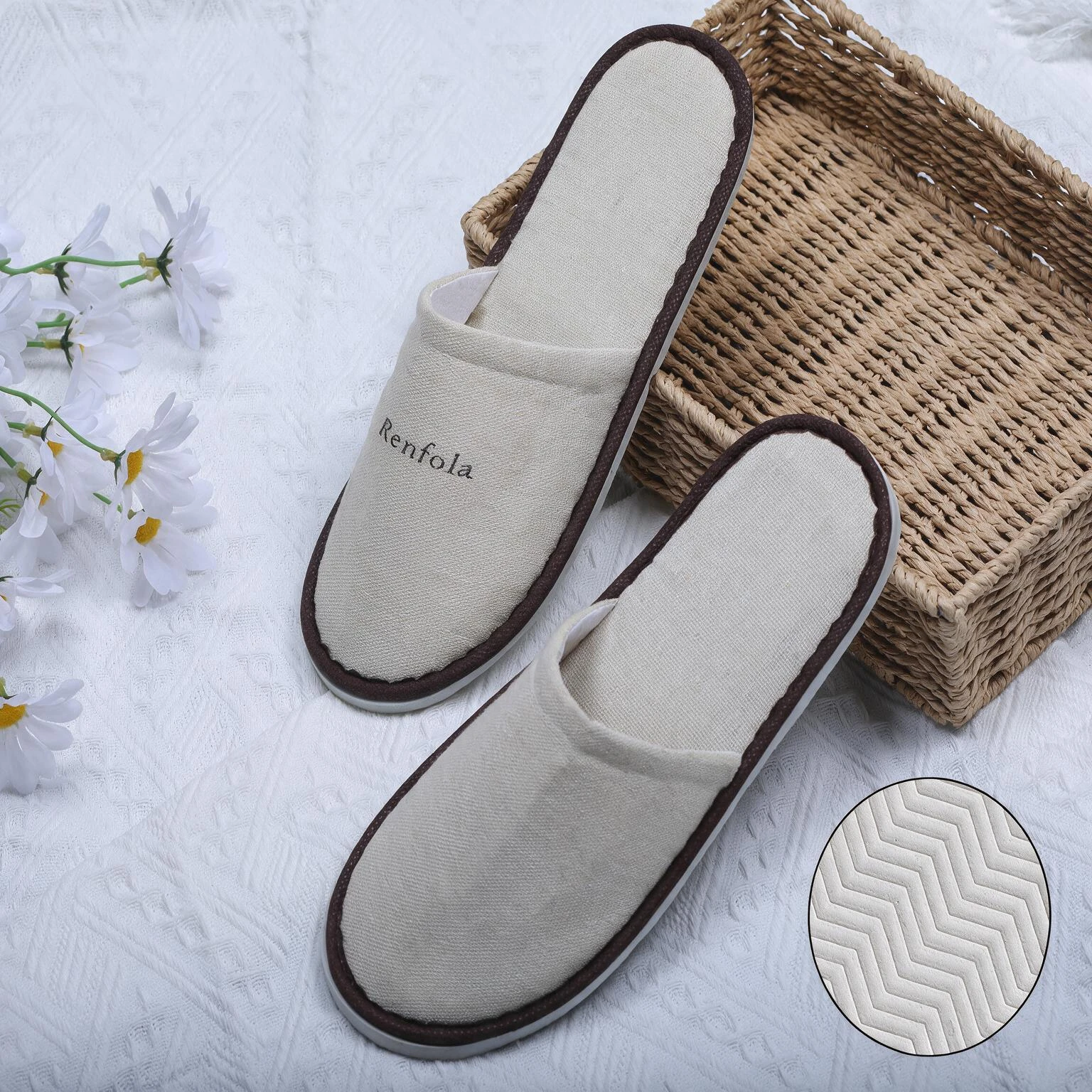 Renfola Hotel Slippers, Economy Line - 0.2mm Natural Cotton-Linen, Full-Wrap, 7mm Sole, 29cm