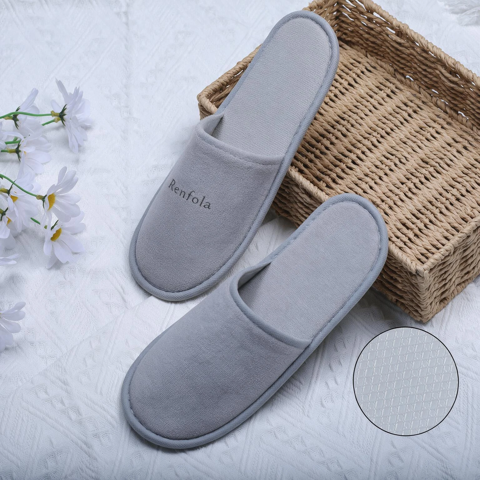 Renfola Hotel Slippers, Economy Line - Cotton Velour Laminated, Light Grey, 7mm EPE Sole, 30cm
