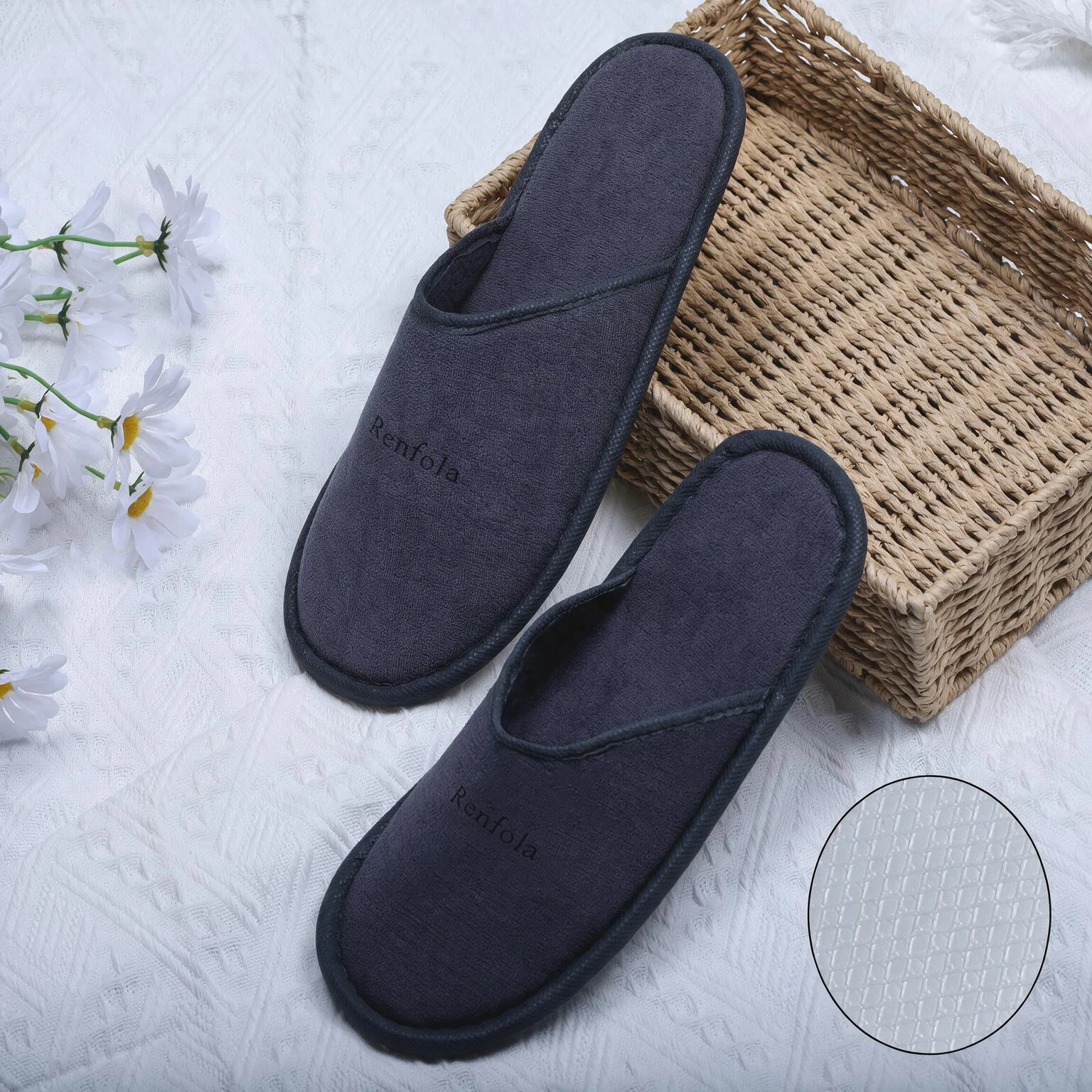 Renfola Hotel Slippers, Economy Line - Cotton Velour Laminated, Dark Grey, 7mm EPE Sole, 30cm