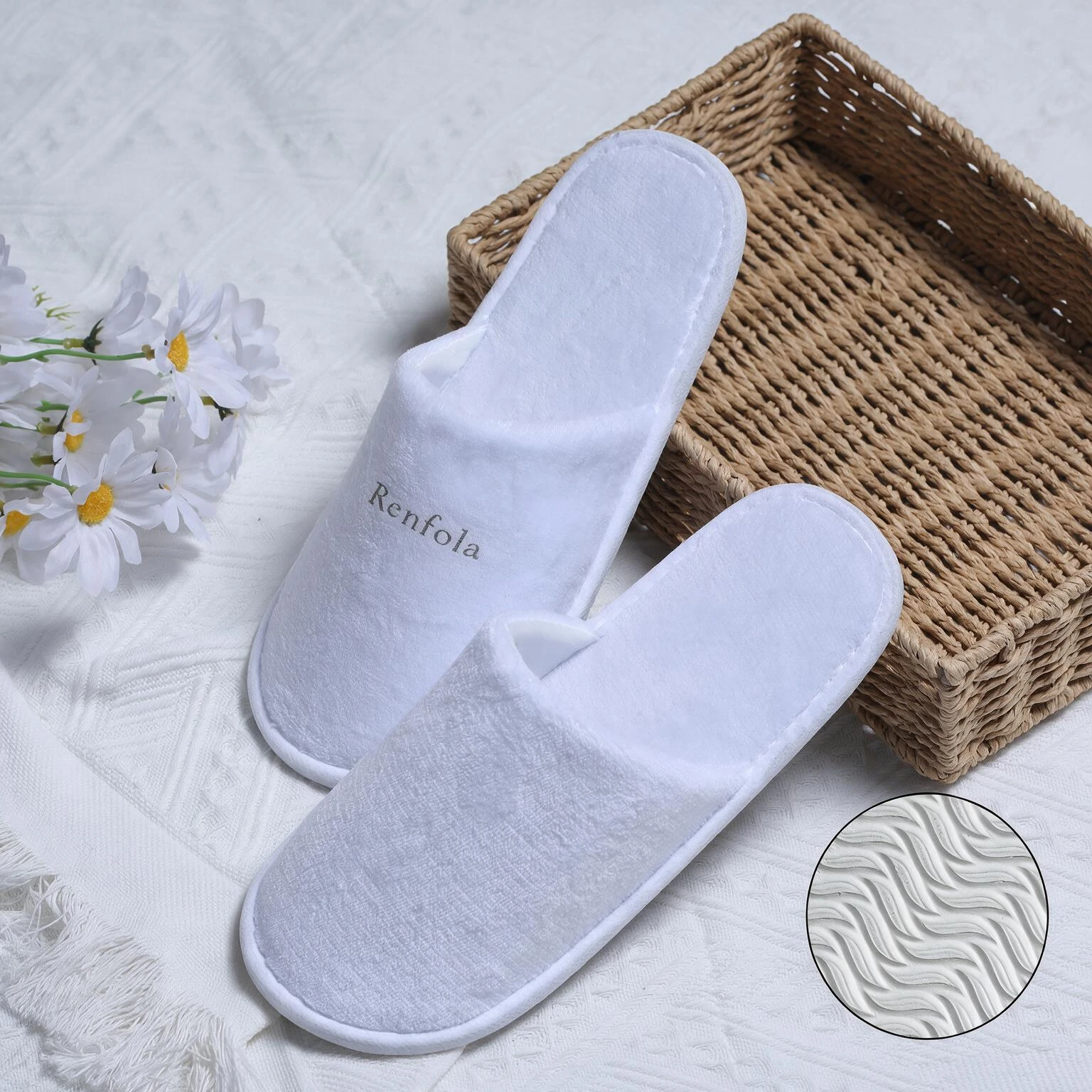 Renfola Hotel Slippers, Economy Line - 0.3mm Coral Fleece White, Full-Wrap, 6mm Sole, 28.5cm
